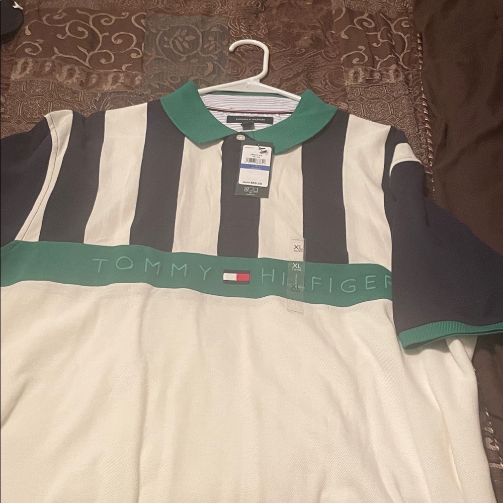 Tommy Hilfiger Green and Black Striped Polo